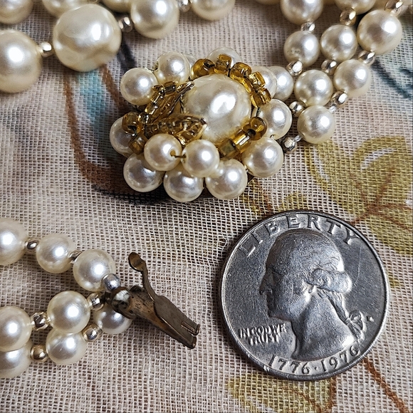 Three 3 Strand Faux Pearl Gold Tone Collar Necklace Clear AB Beads Japan Clasp - Picture 11 of 16